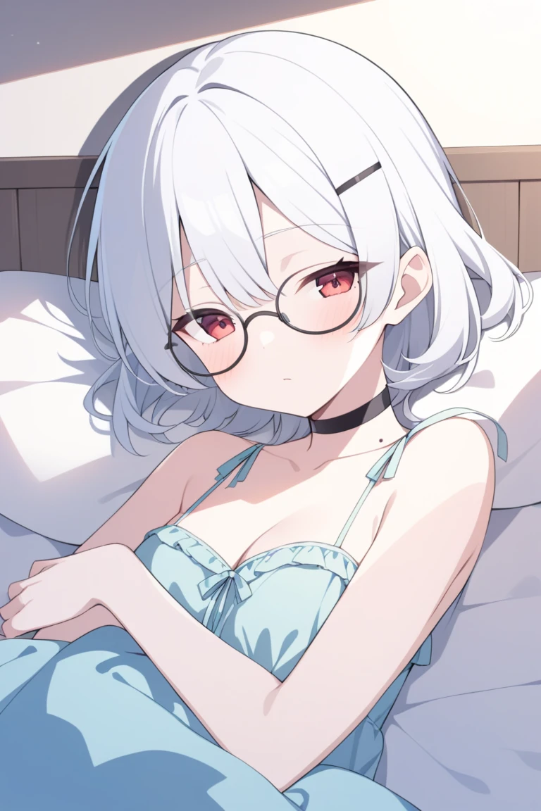 masterpiece , a girl, in beach, ( lite white short hair:1.2), (red eyes:1.2), (pajamas:1.2) , (8k, best quality 1.2), ultra-detailed, 8k uhd, soft lighting, high quality, film grain, beautiful lighting, cinematic ,perfect body , best illumination, best shadow, sharpness, contrast, red glasses, absurdres high detailed face, messy hair