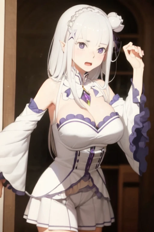 (masterpiece, best quality), Emilia from Rezero
silver hair, underboob, white panties, long white hair, purple detailed eyes, detached collar, detached sleeves, frilled sleeves, frills, long sleeves, miniskirt, pleated skirt, ribbon, skirt, thighhighs, white skirt, white sleeves, white thighhighs, wide sleeves, zettai ryouiki, medium shot, 1girl, indoors, big breast, H-cup, good breast, beautiful, gorgeous ,large breast, cleveage, expressive eyes, perfect face, hands on breasts, hands pushing breasts together, masturbation from below, Grab your own breasts,