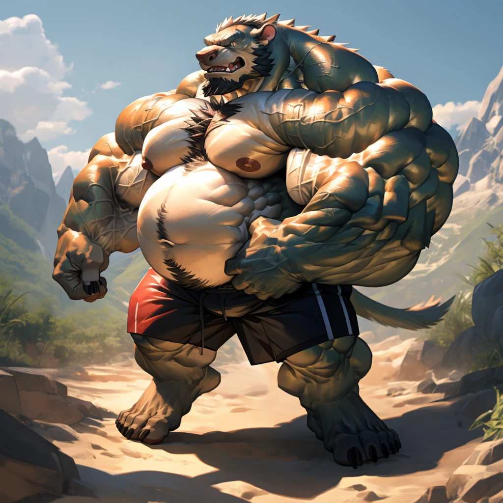 score_9, score_8_up, score_7_up, source_furry, source_cartoon, BREAK, anthro, (wolf:1) barazoku, big pecs, bodily fluids, body hair, camo hat, chest hair, (hat over eyes:1),(shadowed eyes:1), facial piercing, hat headgear, hi res, male, musclegut, nipple ring, nipples pecs, smile, solo,(black tank top:1), sharp teeth, topwear, (nipple focus:1.3), (big trapezius), (side view), biceps, BREAK (sketch, lineart:1.3), toomanyboners, by toomanyboners,glistening skin, sweating, sweat, armpit hair, armpit, (down view angle, POV, nipple focus:1.2), looking down, down view, worm's eye view, pec pov