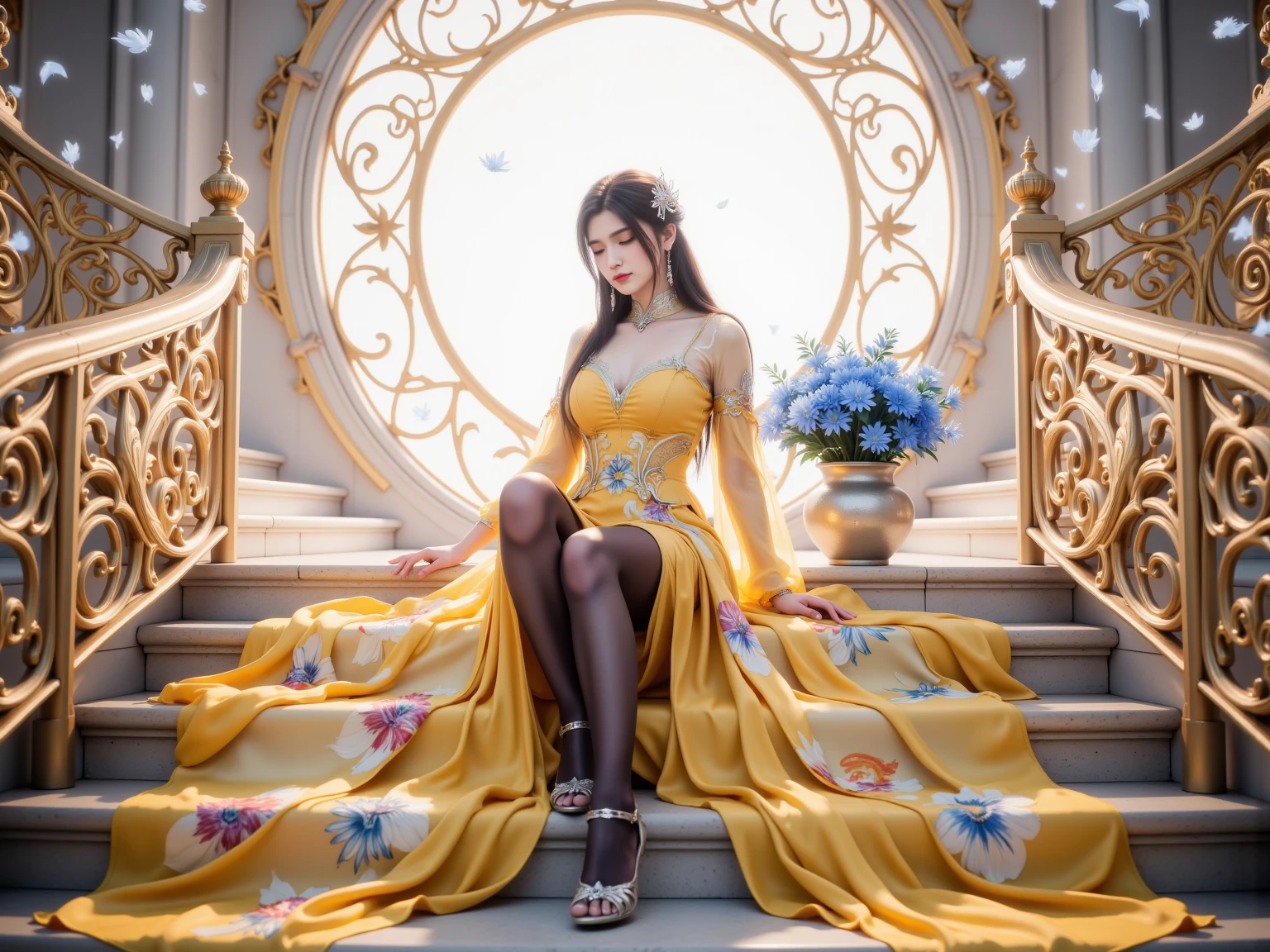 A beautiful woman wearing a yellow floral dress with a tiara on her head to tease a smile (sitting on her knees and legs, with panties), super high detail, real photos, intricate details, perfect composition, beautiful details complex, 8 k HD, full body shot