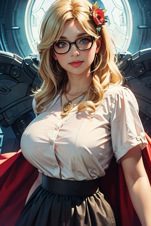 REALISTIC SEXY FEMALE POWERGIRL WITH A LONG RED POWERGIRL CAPE., pink hair, shiny hair, very long hair, coke-bottle glasses, anchor choker, color contact lenses, colored eyelashes, longeyelashes, cat ear headphones, earrings, bust chart, fake scrollbar, multiple views, UHD, anatomically correct, 16k