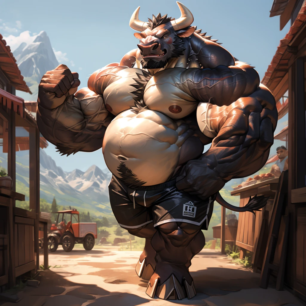uploaded to e621.net, masterpiece, 8k, hyena, male, gray hair, soft figure, heavy, chubby, muscular, barbarian outfit, laughing, brown leather outfit, beige fur, spots, (bare paws:1.2), digitigrade, standing, looking down, (huge penis:1.2), (thick penis:1.6), (huge testicles:1.3), (flaccid:1.4), detailed penis, primitive village, tiny village, (giant:1.5), (macro:1.4), (crowded:1.3), (figures in background:1.5), longhouse, by darkgem, by bng, by duase, by gideon, by sligarthetiger, by bigdad, by boosterpang,
