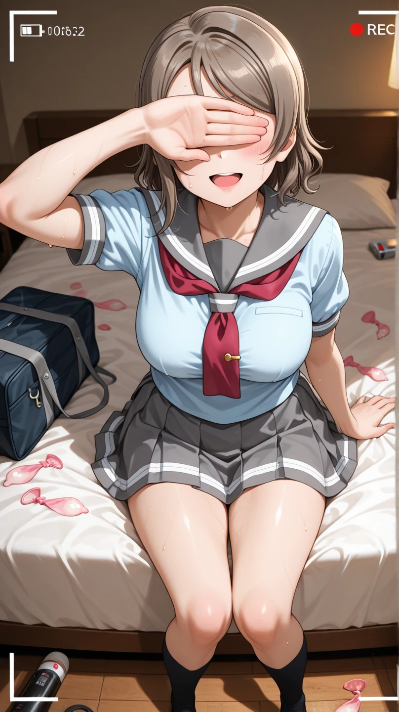 (((Sitting on a futon in the bedroom:1.3))),(((Sailor suit))),(((Pleated skirt))),(Dark red bow tie:1.3),Cute face,Extreme close up of face,Shiny light brown and orange striped short hair,Messy ponytail,Cute Smile,Perfect round face,iris,(hairpin、ponytail、Floating Hair、),Chest Slip,(Accentuate larger breasts:1.3).Professional Lighting,Cinematic Light,(Tabletop,highest quality,Ultra-high resolution output images,) ,(8K quality,),(Ocean Art 2.0 Mode:1.3),(Picture Mode Ultra HD,)