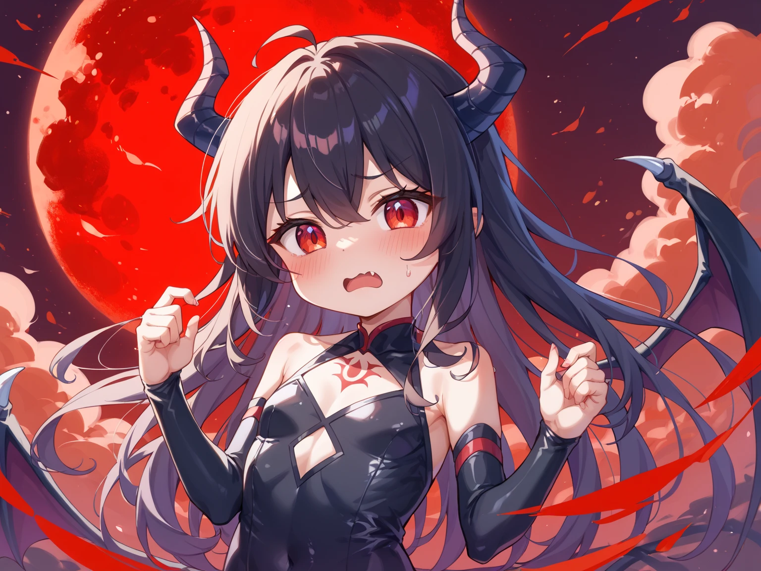 Demon girl with red skin, black horns, completely black eyes, straight black hair, muscular, purple eyes, demon tail, Red skin