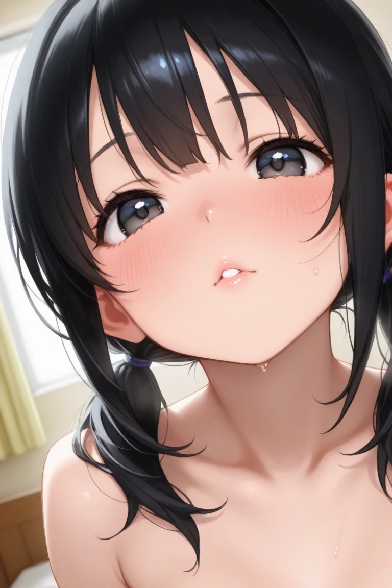 Beautiful girl at 13 years old,Japanese,,,Small and slim,Flat Chest,Small breasts,Baby Face,Small face,Black Hair,A hairstyle for high school girls,Grey Eyes,middle School girls,negligee,lingerie,open mouth,tongue out,Kneeling and sitting,Beautiful and detailed anime art,Crying expression,high angle, looking at viewer, looking ahead, from above,cowboy shot,Sexy vibe,cum on tongue