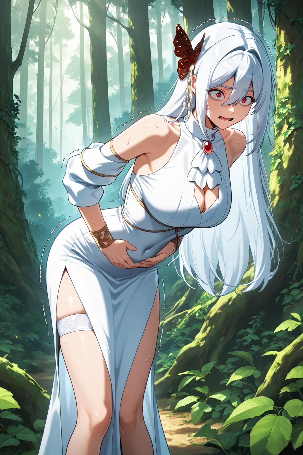 (an adult tensei shitara slime anime character) Rimuru Tempest, with prominent and piercing eyes of a (((scarlet red))), which exude an aura of cold determination and a sharp intelligence, The hair is a light celestial blue , flowing and smooth, framing a face with delicate features and a neutral mouth, without a trace of a smile, reflecting an unshakable personality and an indomitable spirit, The white hood that covers the character's head adds a touch of mystery and nobility, complementing the its enigmatic and powerful presence, full-length character, in the forest, white skin