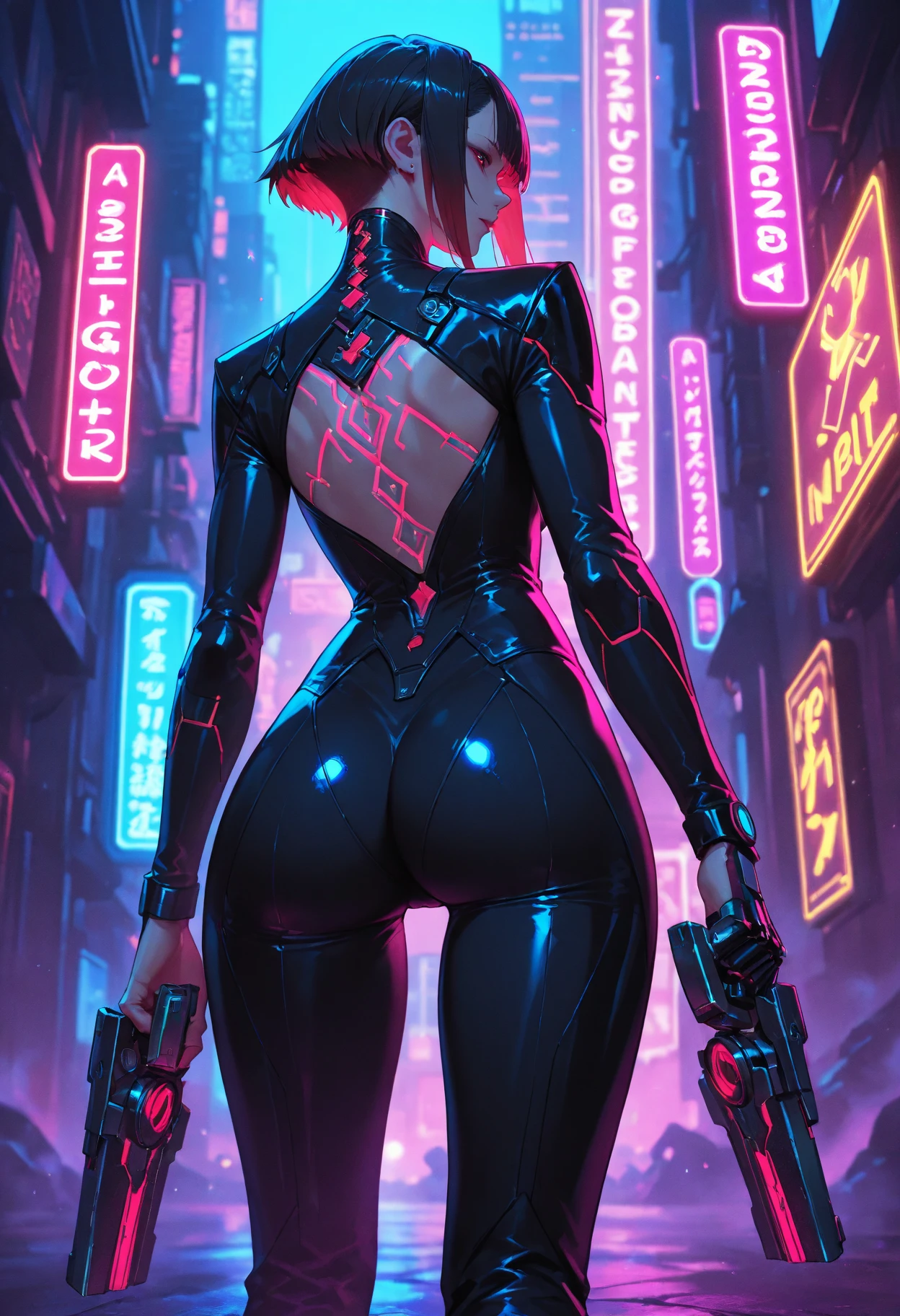 uma pintura digital Bayonetta, cabelos longos, arte cyberpunk de Josan Gonzalez, vencedora do concurso behance, afrofuturismo, synthwave, neon, neon brilhante,coxas grossas, cintura fina, sensual, nsfw, pouca roupa, arte erotica, anime, roupas  rasgada de batalha, extremamente sexualizada, corpo suado, NSFW, seios grandes, bunda grande, HD, 8k, Alta qualidade, detalhes, corpo perfeito, destaque o corpo, detalhe no rosto perfeito, Detail in the background