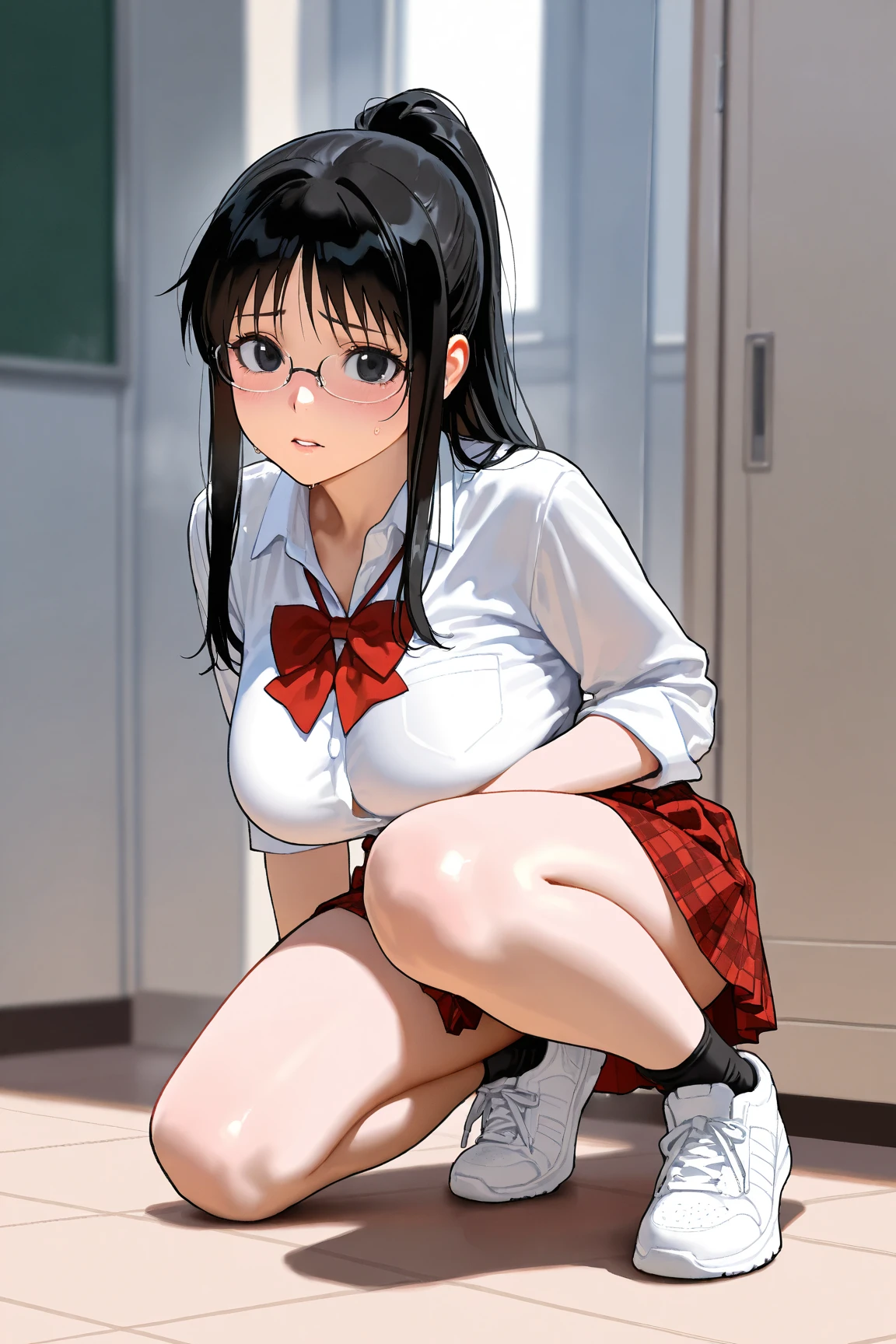 scowling face,glasses,cowboy shot,extremely thin legs,squatting,extremely young girl,extremely emaciated girl,front shot,flat chest,ponytail,black hair,white panty,navy hip length sailor uniform,navy long skirt,black knee socks,upskirt by herself,panty shot,from below,ground level shot,menstruation