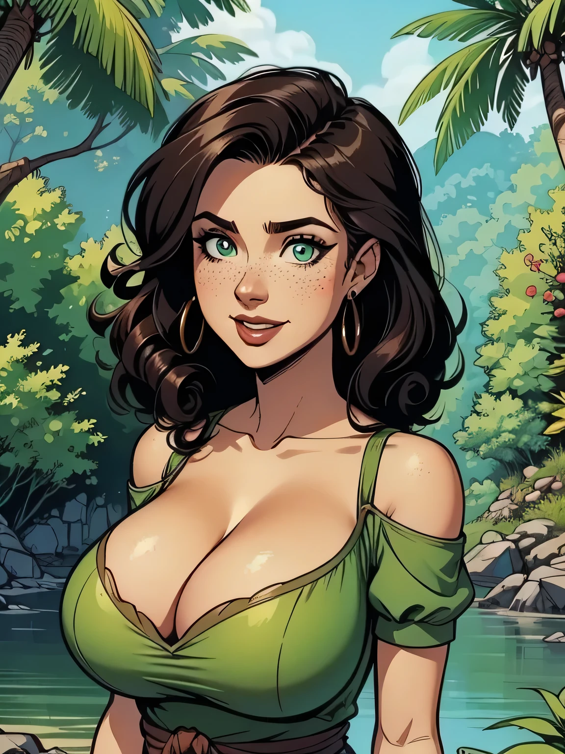 Gorgeous and sultry busty athletic (thin) brunette with sharp facial features and a (large nose) and (huge boobs) wearing a pale yellow off-shoulder ruffled sundress, hairband, long dress, park, lake, picnic