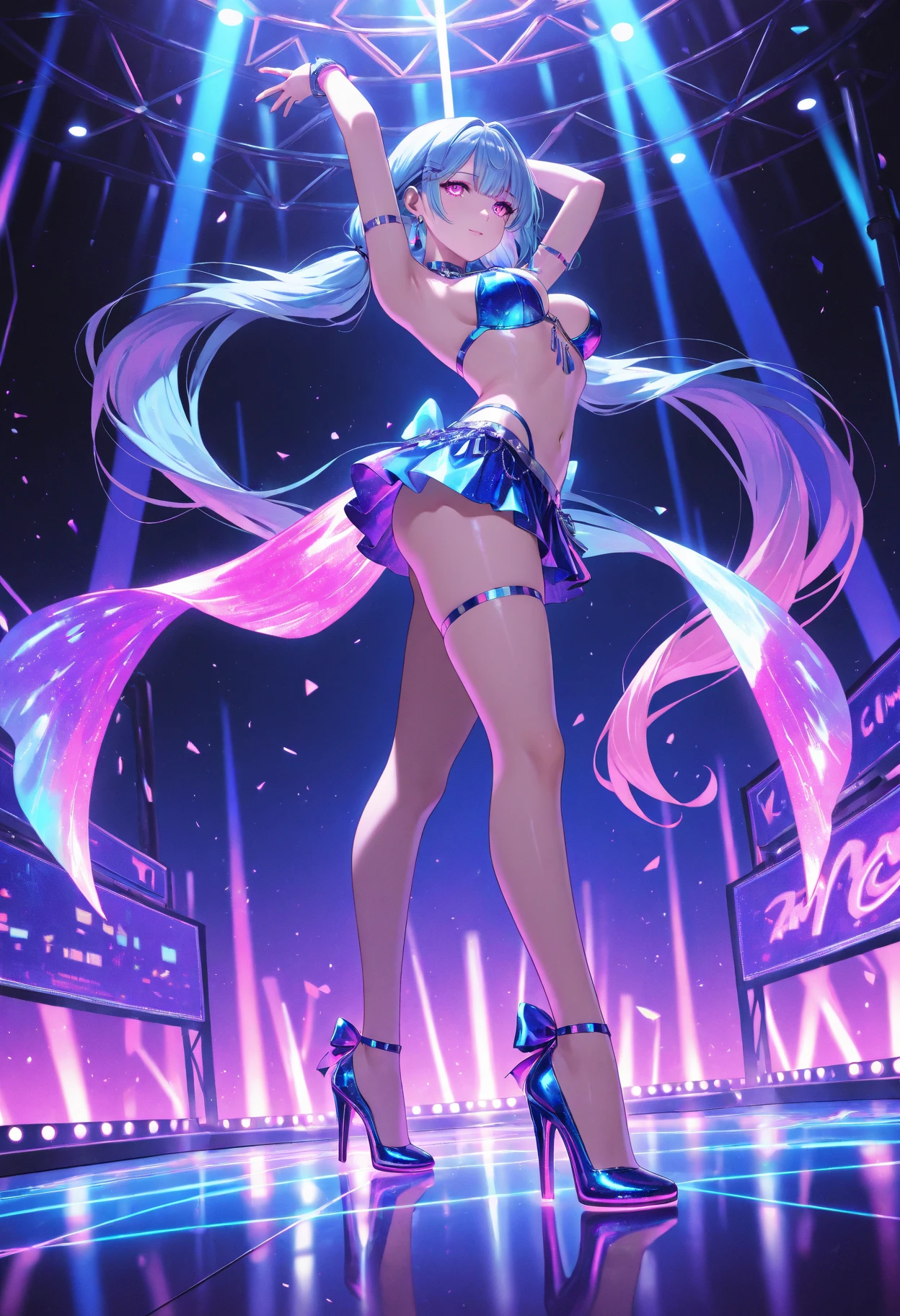 anime waifu a pop k singer, beautiful and colorful clothes, perfect body, huge breasts, (((background stage)))