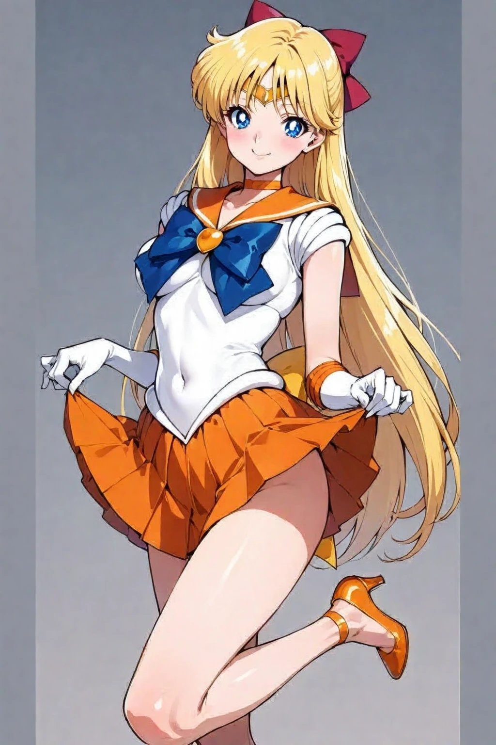 masterpiece, best quality, absurdres, perfect antomy, 1girl, solo, SMMoon, 1990s \(style\), blonde sailor moon, standing, smile, cowboy shot, sailor senshi uniform, sailor collar, blue skirt, elbow gloves, in back pose, show her booty, backwards, no thong big booty, ultra mini skirt ( BACK POSE, BACKWARD, SHOW HER BOOTY)