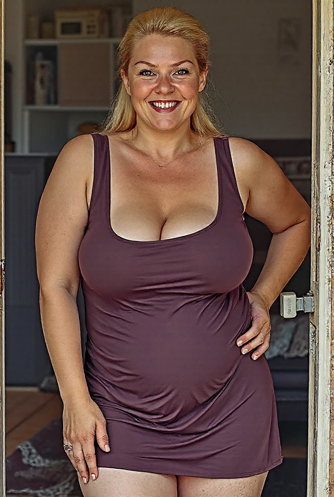 woman in a short skirt is in a house in the kitchen, leaning on the table, sticking her ass out, attractive woman, short skirt, curvy, hot, voluminous body, cleavage, big breasts, approximately 70 years old, older elderly woman, image of front, looking for camera, posing, big ass, ??? with beautiful woman, stunning, ??? with natural mature woman, average size