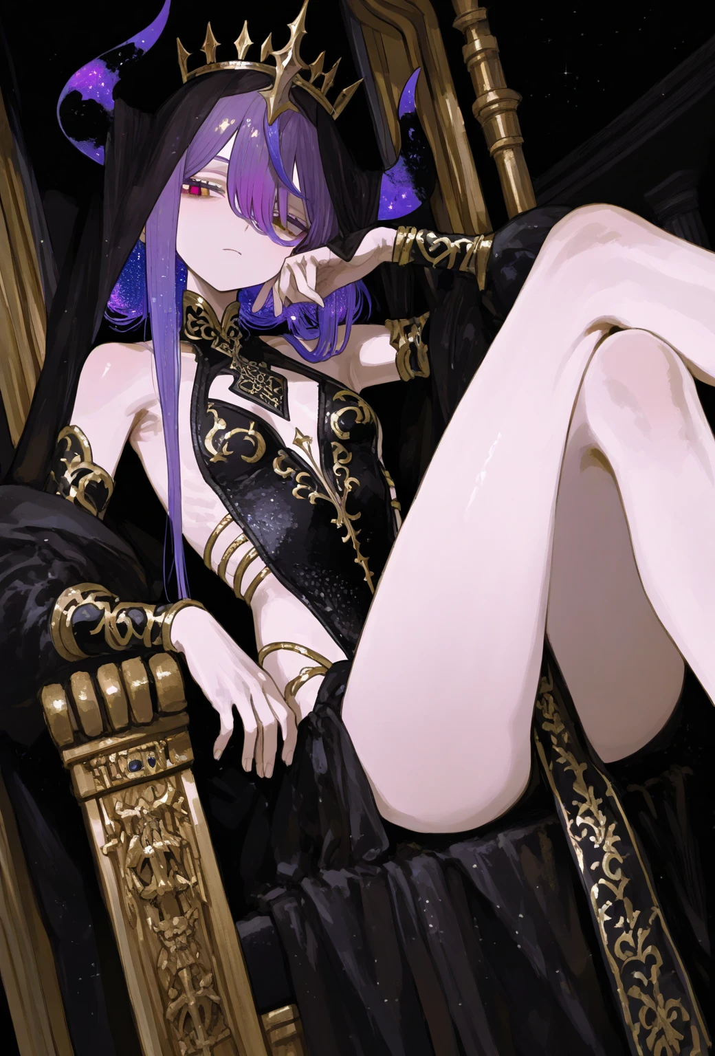 cute elf girl, (violet hair), ((very long hair)), perfect face, (yellow eyes), (naked), ((flat chest)), ((21 years old)), skindentation, extreme detail, attractive angular face, red lips, pink nipples, glossy skin, detailed hair, full body, close-up chest, ornamental gold necklace, gold earrings, ((1 girl)), embarrassed expression, innocent smile, (high heels), sitting, long legs, ((slender)), ((petite)), blush,