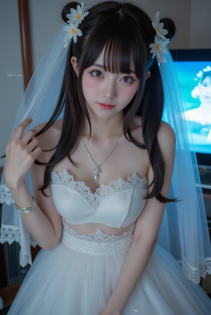 Anime image of a woman in a short skirt and white shirt, Seductive Anime Girl, beautiful anime high school girl, Ecchi anime style, Smooth Anime CG Art, charming anime girls, anime moe art style, Realistic Schoolgirl, marin kitagawa fanart, beautiful alluring anime teen, nagatoro, Anime Best Girl, a hyperrealistic schoolgirl, Itsuki Nakano, Bangs, Blue eyes, hair between eye, Ahoge, Red hair, Red hair, Star \(symbol\), Hair Ornament, gloves, Dress, cleavage, Bare shoulders, 鎖骨, elbow groves, White Gloves, White Dress, Strapless, tiarra, veils, straplessdress, wedding dress, Bridal Veil, Beautiful woman, Perfect body, Perfect breasts, wearing a wedding dress, ballgown, Trees in the park々Inside, Wedding Decorations, Looking at the viewer, A slight smile, Realism, masutepiece, Textured skin, Super Detail, high detailing, High quality, Best Quality, 1080p, 16 K