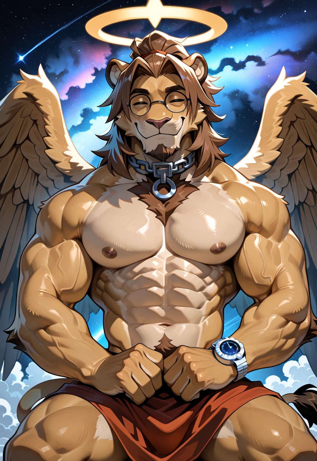 azazeltas, muscular male, solo, (pose:1.3), (posing:1.3), (soft shading), 4k, hi res, ((detailed face, red eyes, detailed)), by zackarry911, by zaush, (by personalami:0.5), solo, looking at viewer, smile, 1boy, jewelry, upper body, male focus, nude, chain, feathers, feathered wings, brown fur, portrait, face focus, close up, harness,