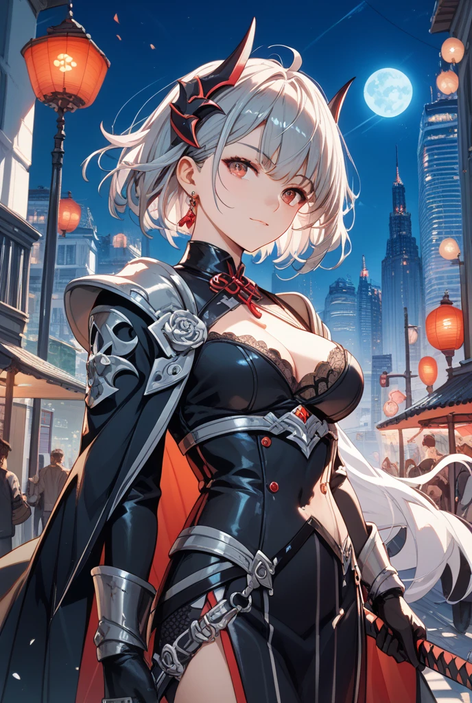 fantasy, 1girl,young_teen, ,silver_hair, short_hair, long_bangs, bare_shoulder,thighhighs,silver_armor, waist_armor, large_breasts,half_eyes,floating, bare_crotch, headgear,gauntlet, greaves,city_background,slightly_spread_legs, solo, groin_naked,hair_over_one_eye,rise_knee,rise_leg,