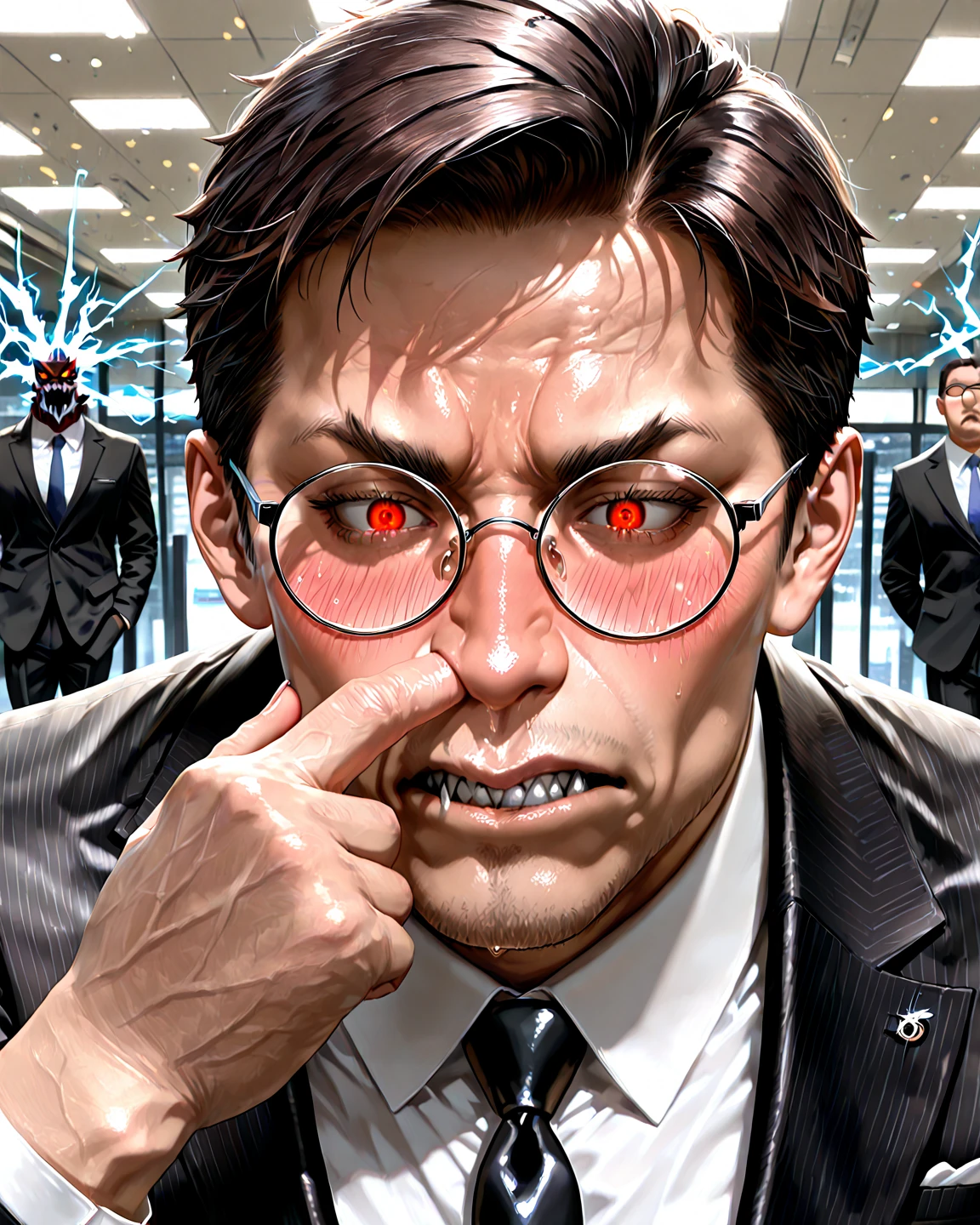 A majestic Japanese male business executive with the overwhelming aura and presence of a Demon Lord, wearing a sharp, luxurious formal suit made from shimmering, high-gloss fabric. He has a powerful, intimidating face with sharp lightning deep-red-eyes and a demonic gravitas, accented by round brass-framed glasses and a silk tie. Despite his fearsome dignity, he is caught picking his nose and blushing deeply in embarrassment, his cheeks flushed red. Photorealistic, hyper-detailed, cinematic lighting, chest-up composition in front of a blurred urban office background. Emphasis on facial expression, finger in nose, and the clash between terrifying majesty and human vulnerability.
