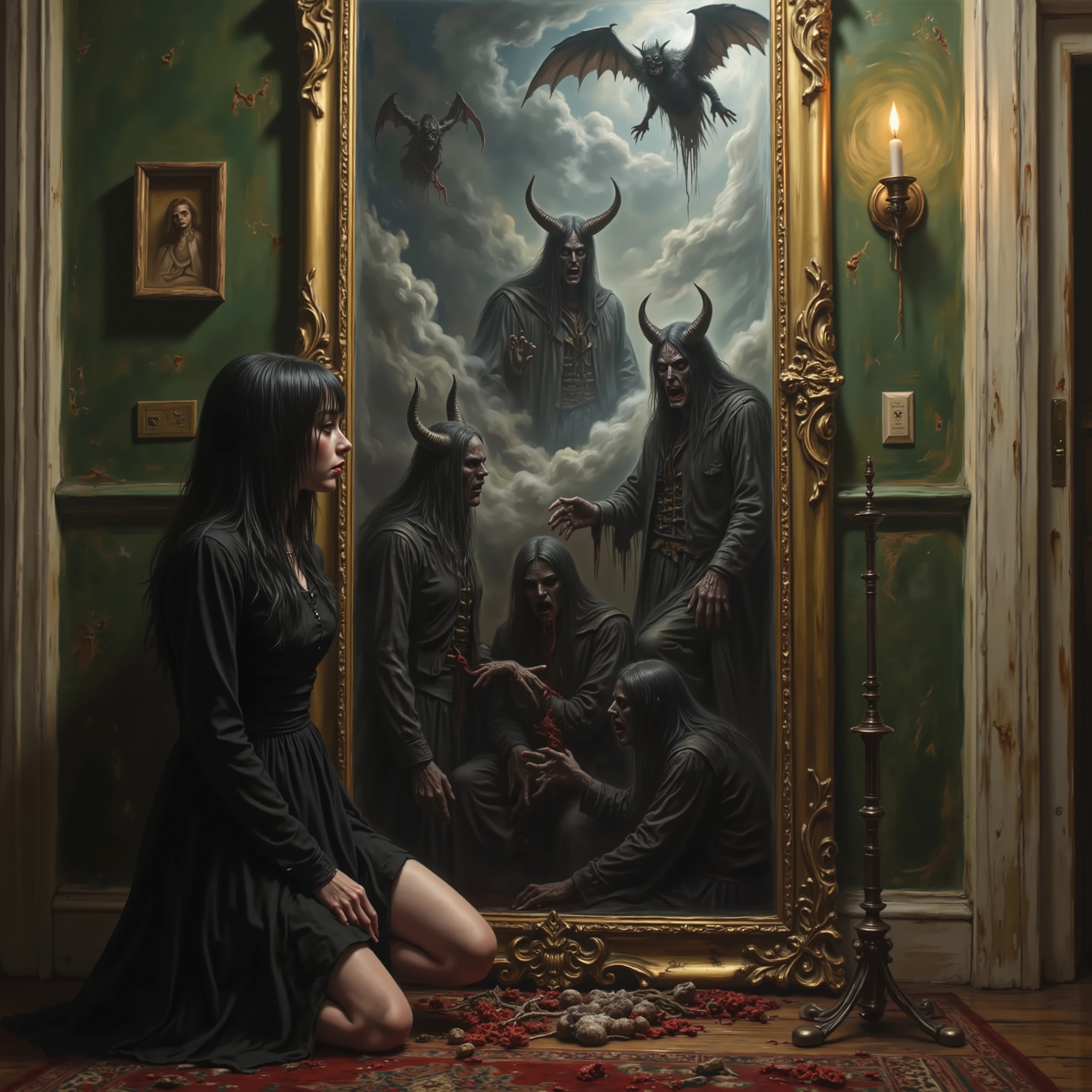 A beautiful young woman kneels in front of a large antique mirror, the mirror reflecting demons in a different dimension.  They come through the glass of the mirror when welcomed by the woman, realistic portrait, detailed facial features, demons mive through the mirror, kneeling pose, large antique mirror, dark and unsettling reflection in mirror, chiaroscuro lighting, cinematic atmosphere, mysterious, gothic, 8k, high resolution, photorealistic, intricate details, dramatic colors, moody tones, macabre, gothic beauty, nightmarish imagery, otherworldly, startling presence, icon style, intricate details, sharp focus, physically-based rendering, professional movie quality imagery, professional masterpiece 