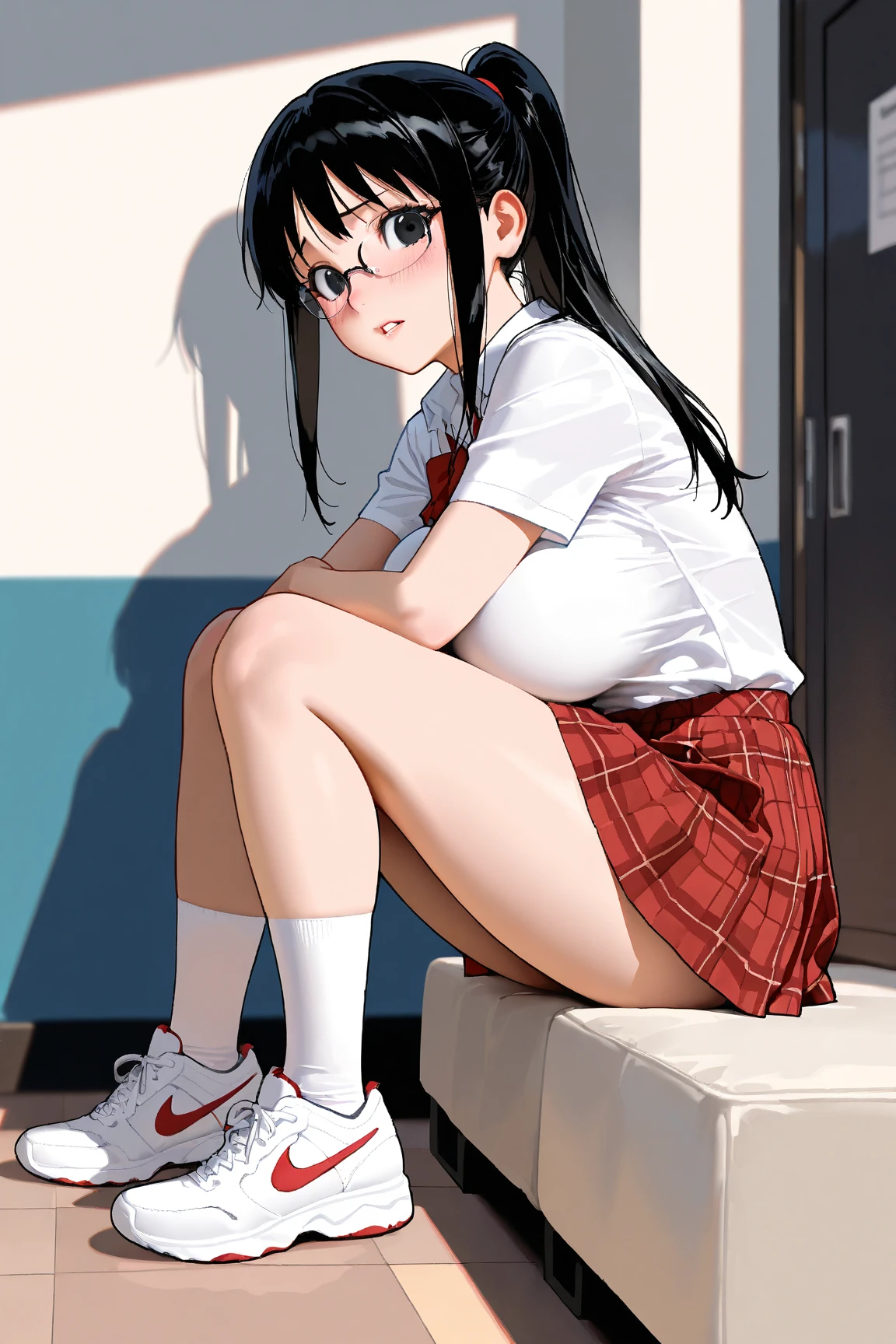 artwork, high quality, great detail, a komi woman Shouko, long black hair, glare, sitting on a bed, head on, medium breasts, blue , White shirt, Red skirt, without stockings, barefoot, barefoot, soles of feet sweating, pies head on, legs apart, serious look, holding black socks with hands, white room background