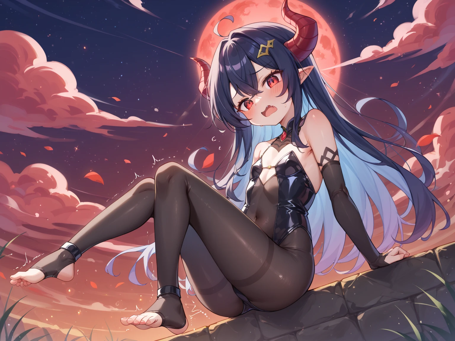 seductive lady with long black hair and blue eyes with ample bosom and wearing no clothing, NAKED, nsfw, devil horns, feet, SHOWING OFF HER FEET