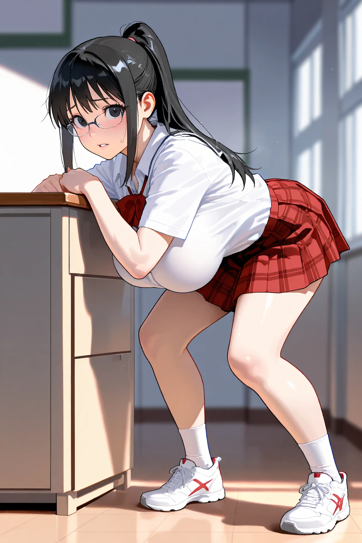 masterpiece、最high quality、High resolution、high quality、wavy mouth、Akina Mieda、akina、Sweat、tears、Tongue out、In the classroom、School Swimsuit、Wet、vagina、pussy juice、masturbation、toplesasturbation, dildo、The gaze is looking upwards、blush、Ahegao、ahegao、squatting、nsfw