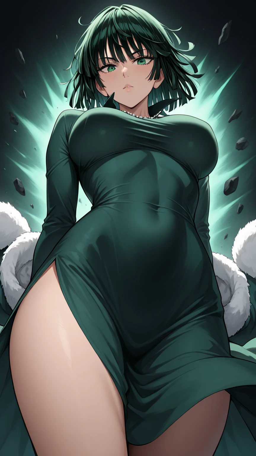 Fubuki, (green fur), [black fur], (Perfect eyes:1.3),green eyes, dress, long sleeves, jewelry, collar, green dress, (fur shelter:1.2), taut dress, tight clothing, Covered navel, shelter (realist:1.5), (venusbody), (giant breasts:1.4), (Wide hips:1.3), (thick thighs:1.4), (((Best Quality)), ((Masterpiece)), (mature woman), photorealist, photorealist face, cinematic light, (cutaneous denture:1), beautiful, female, (Perfect face:1.1), (Perfect eyes, detailed eyes), perfect hands, curves:1.5, narrow waist:1.2, large eyes), (1 girl:1.4, Alone, enfocarse Alone, ((sfw:1.3)), looking at the viewer, dynamic pose, seductive smile), City, Cityscape, horizon,