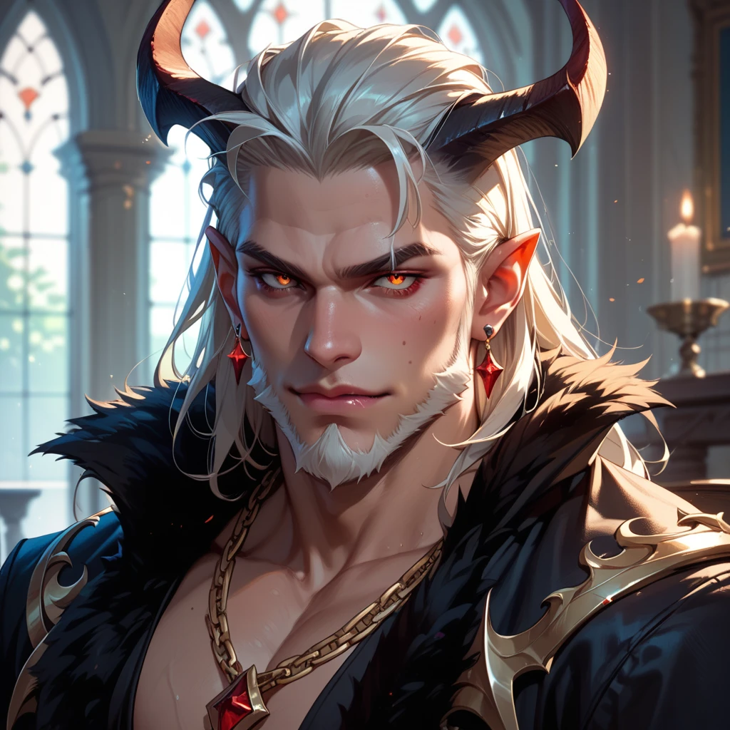 1man, masculine, masculine face, attractive, muscular, (((1man))), masterpiece, absurdres, best quality ,intricate details, ((full body)), (shiny skin, shiny body, shiny oily luster skin, shiny hair, pale skintone), Sundown, attractive, ((muscular)), adult, one, earrings, Don't look at the view , Not looking at the view, silver hair, braided hair, perfect detailed face, perfect detailed hands, purple eyes, elf ears, smirk, vampire ornaments, open chest, vampire castle, masculine features, (((night))), moonlight, darkness, dark light