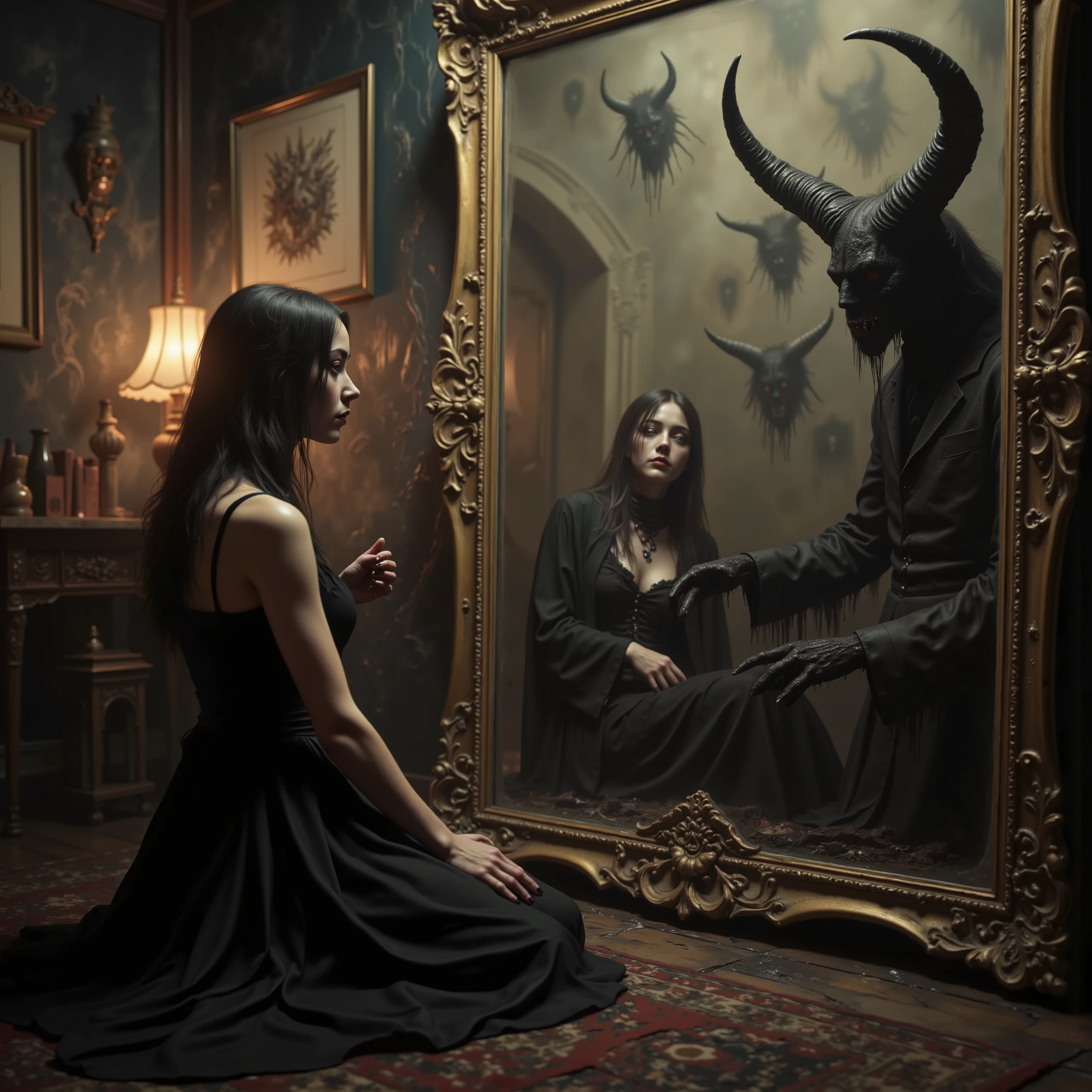 A beautiful young woman kneels in front of a large antique mirror, the mirror reflecting demons in a different dimension. They come through the glass of the mirror when welcomed by the woman, realistic portrait, detailed facial features, demons mive through the mirror, kneeling pose, large antique mirror, dark and unsettling reflection in mirror, chiaroscuro lighting, cinematic atmosphere, mysterious, gothic, 8k, high resolution, photorealistic, intricate details, dramatic colors, moody tones, macabre, gothic beauty, nightmarish imagery, otherworldly, startling presence, icon style, intricate details, sharp focus, physically-based rendering, professional movie quality imagery, professional masterpiece w