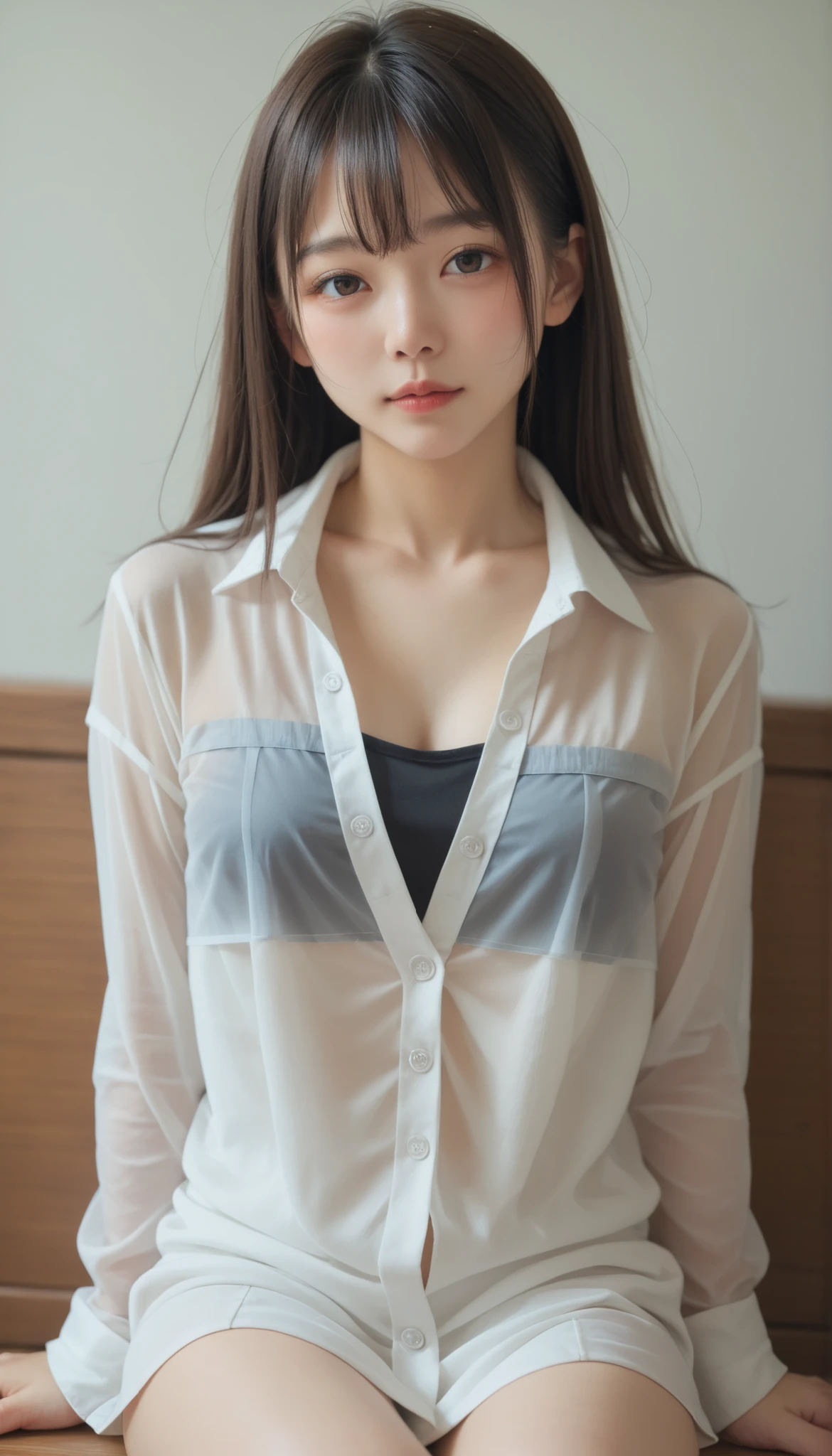 Details, high resolution, high definition, perfect and dynamic composition, beautiful and delicate eyes, medium hair, natural lips, 20-year-old girl, alone, clear skin, shiny hair, on the table, top quality , figure , super detail, fine detail, high resolution, 8k, (raining) (raining) (raining) (raining) (raining) Accurate human body condition, cute pose, short bob, perfect beautiful face, KPOP idol face , there is a feeling of ecstasy on the face, gray underwear, blue miniskirt, raining, wet in the rain, transparent shirt, the background is the sea, random-looking female model Dressed'Fashion Magazine