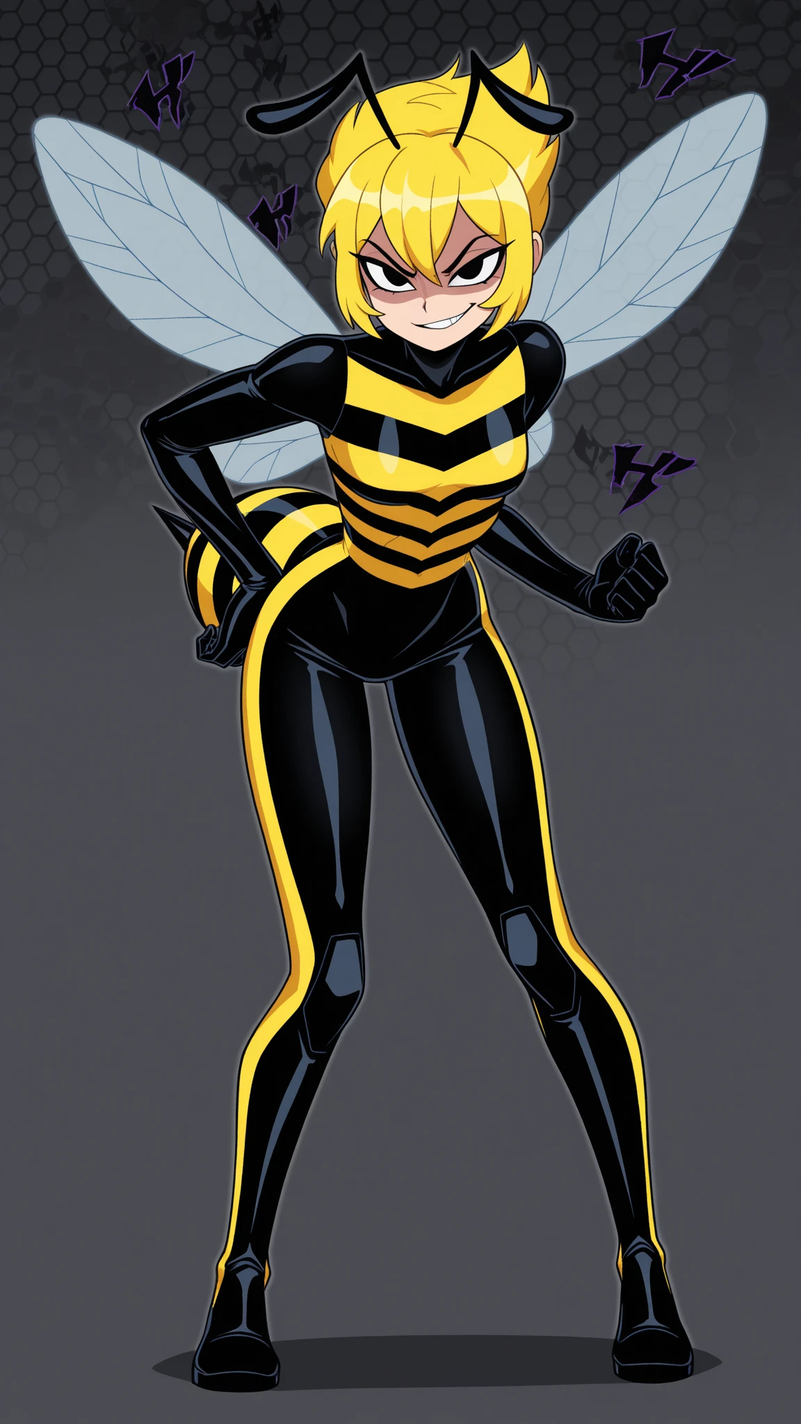 masterpiece+++++, alone, Fusion Satin and Insanely Shiny Wasp Yellow Exoskeleton Bio Insect Leotard, yellow and black striped boots, wasp transparent wings, Hornet antennae, Honeycomb Print, Yellow and black striped fur, Wicked Smile, Laugh cruelly, Open your mouth, Black hair streaks yellow hair, Large Breasts, dark heroine, Villain, Dynamic pose, Battlefield Background, (Clear details of the landscape)++,