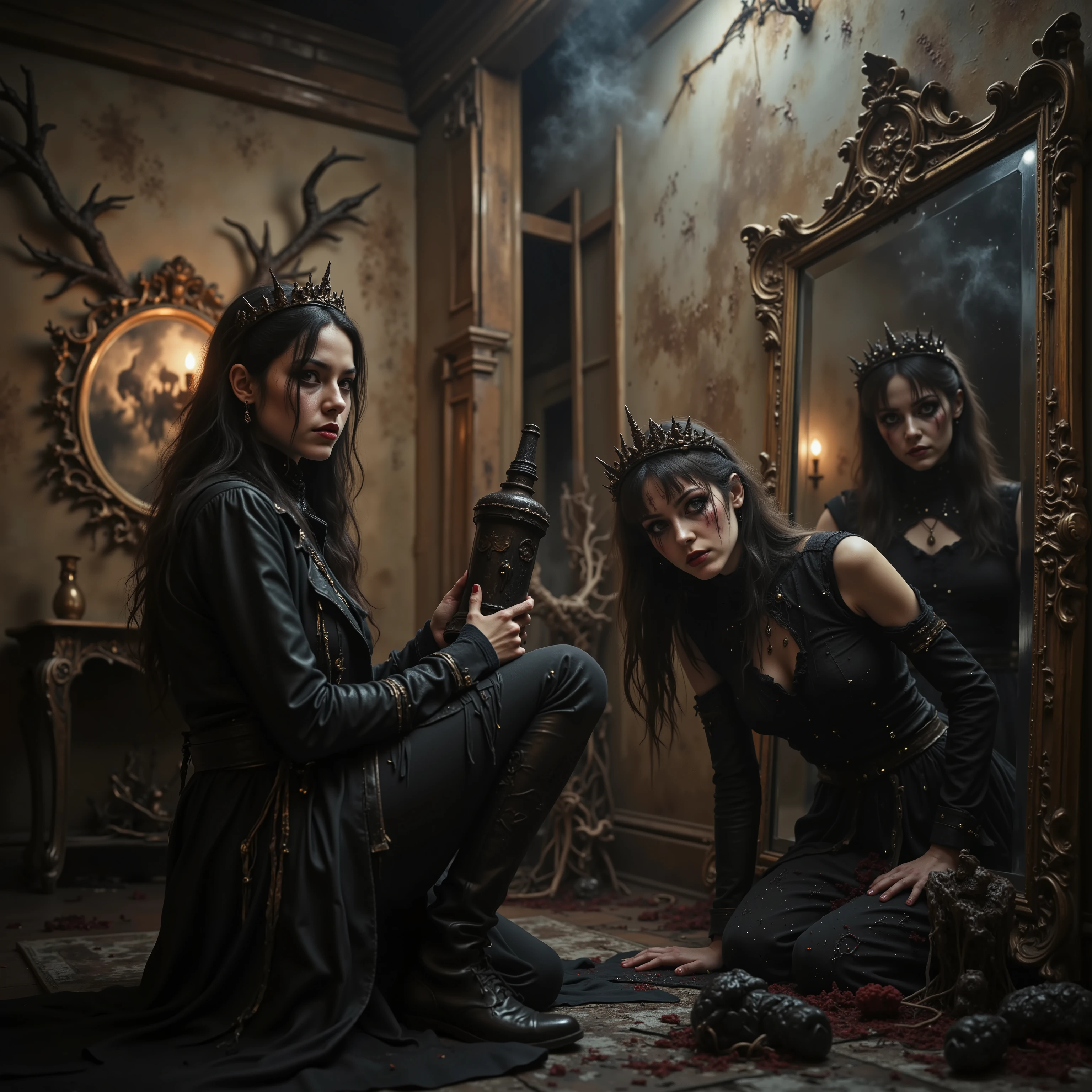 A beautiful young woman kneels in front of a large antique mirror, the mirror reflecting demons in a different dimension. They come through the glass of the mirror when welcomed by the woman, realistic portrait, detailed facial features, demons mive through the mirror, kneeling pose, large antique mirror, dark and unsettling reflection in mirror, chiaroscuro lighting, cinematic atmosphere, mysterious, gothic, 8k, high resolution, photorealistic, intricate details, dramatic colors, moody tones, macabre, gothic beauty, nightmarish imagery, otherworldly, startling presence, icon style, intricate details, sharp focus, physically-based rendering, professional movie quality imagery, professional masterpiece