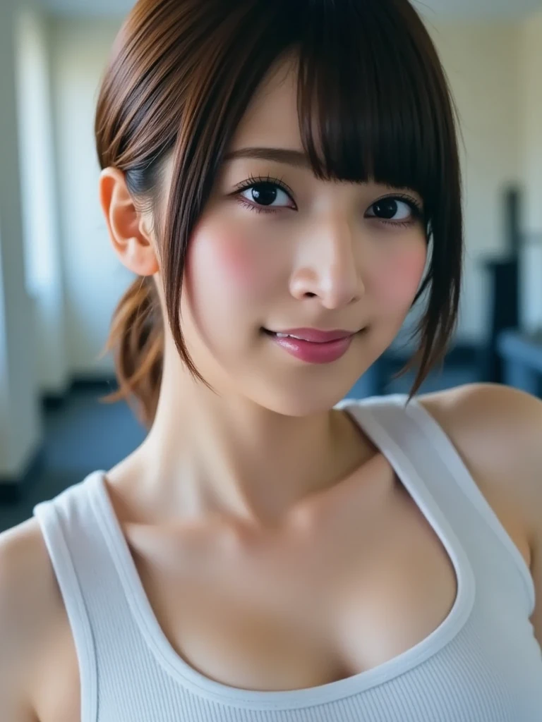 1 girl,Japanese,Minimum Body,innocent face,brown hair,short hair,(wrestler),large window in the background,looking at the viewer,smile,
