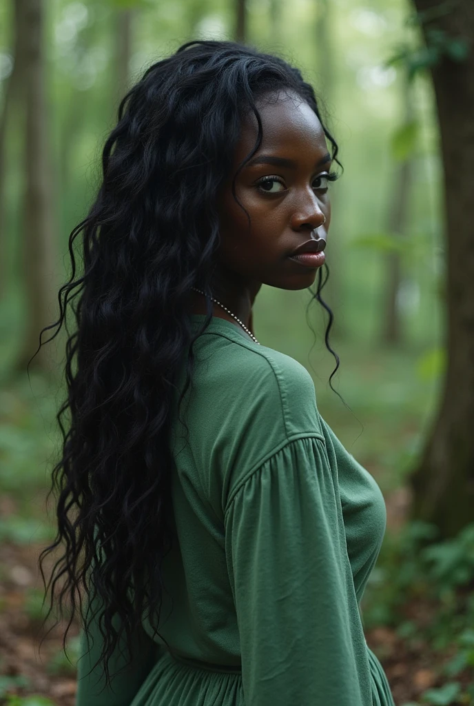 black female, darkskin, eyes browns, age 21 years, walking in the forest, long hair, White smile, seducing gaze