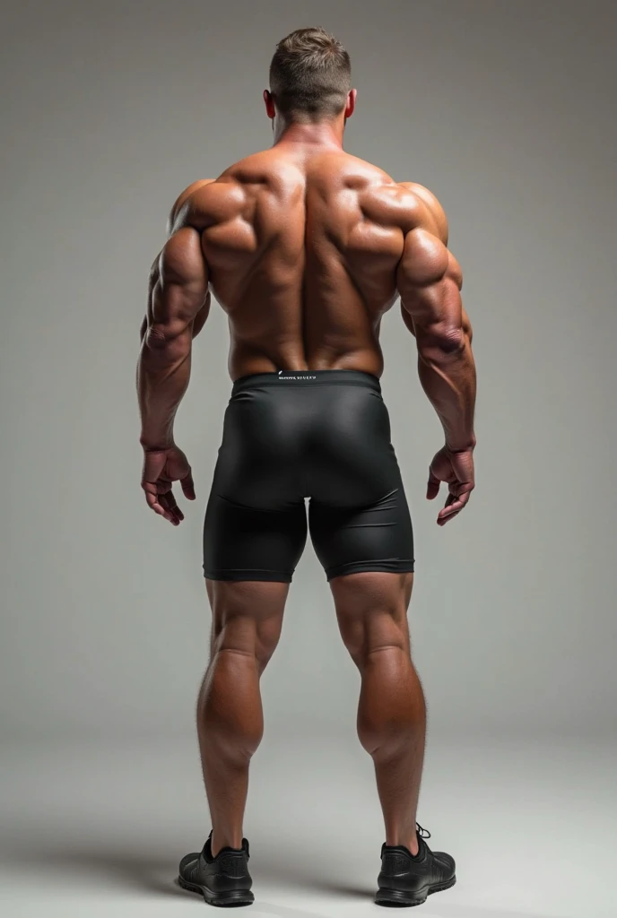Middle-aged man, in the four position, seen from behind, with good physical condition, with beard and gray hair, shirtless, with two large, pompous and very well-defined buttocks, with a black boxer short, with long stockings that reach the end of her thighs, with a sweaty body.