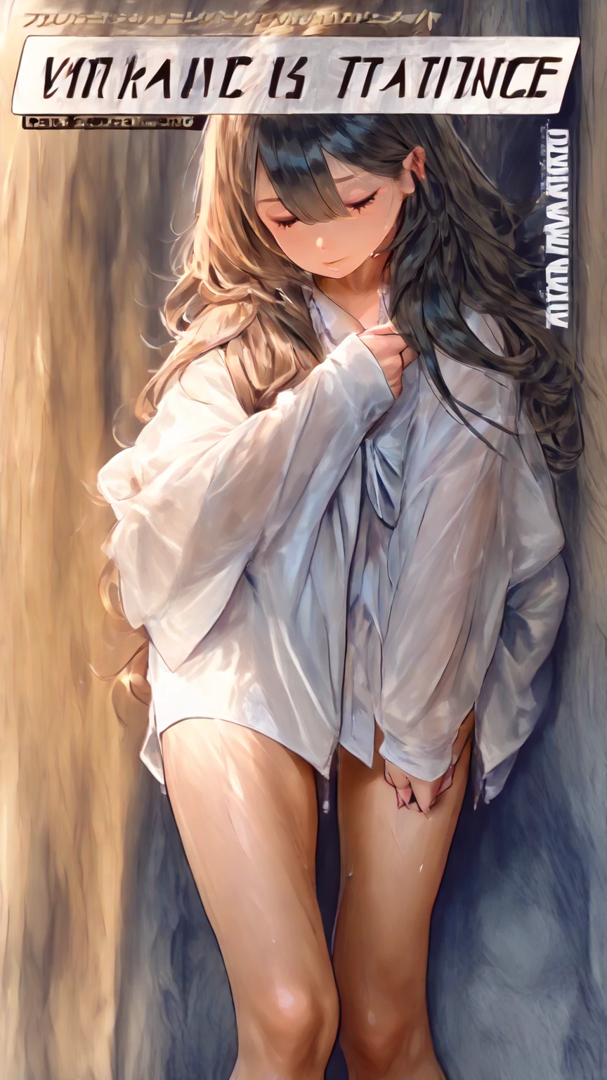 ((masterpiece,Highest quality:1.3,best quality illustration)),(realistic),having clothed sex,man on top,cowboy shot,独奏,1woman,(18 year old beauty),black hair,long hair,bangs,black eyes,gorgeous big eyes,((very small head:1.3)),shy,tears,((very long body:1.2,skinny)),medium breasts,(turtleneck、Long sleeve white knit top、Grey checked mini skirt、white_thighhighs),sweat,gleaming skin,toned body,slender body,(vaginal penis),lying,on back,spread legs,grass、garden,World of Blade Runner、nsfw,
