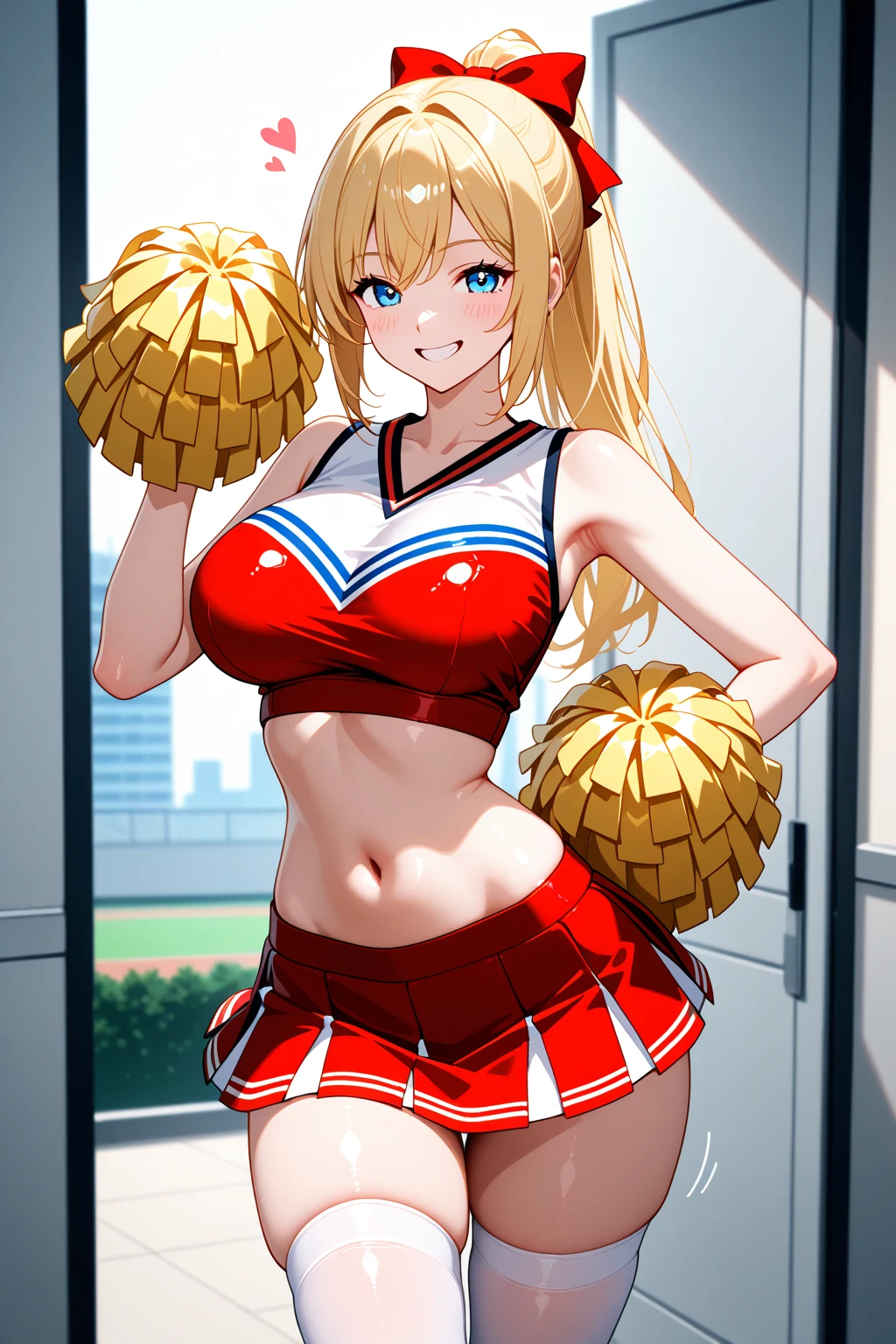 Rabbit girl High school cheerleader, solo, female, blonde hair, blue eyes, smiling, big breasts, cleavage, slim, small waist, small hips, european city, brick road, hands behind back, happy, looking at viewer, high quality