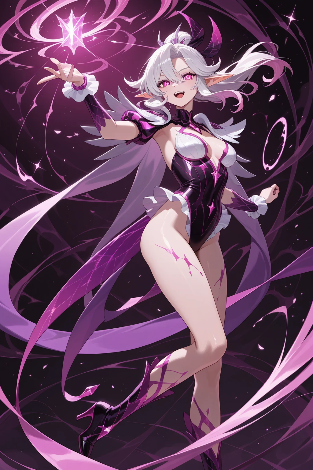 1girl,mature female,solo focus,glowing magenta eye,colored sclera,white hair, long hair,(((pale skin,extremy white skin,hair over one eye,halo pink))), sharp teeth, open mouth,(((small breasts,glossy body))),((white bra,white bikini,hidden arms,hidddn hands, white skirt,bare feet)),(((villain,psycho,villain smile, psychopath))),(((floating in front a stones ruins in night,))),masterpiece,hd,best quality,8k,detailed face,face tilted forward