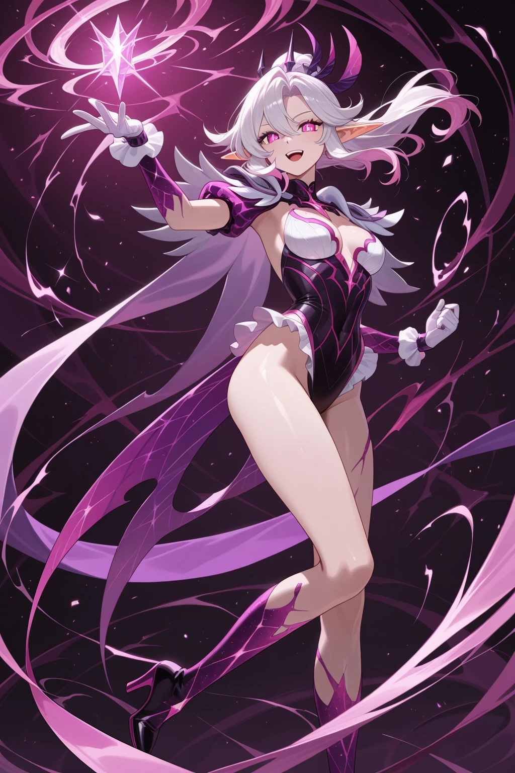1girl,small,solo focus,,glowing magenta eyes,colored sclera,white hair, long hair,(((pale skin,extremy white skin))),, sharp teeth, open mouth,(((medium tits,glossy thighs,)))sexy,white pantyhoses,((white lingerie)),((hair over one eye)),floating,night,moon background,(((villain,psycho,villain smile, psychopath, angry))),hd,masterpiece,4k,closed-up face,angel halo pink,full body