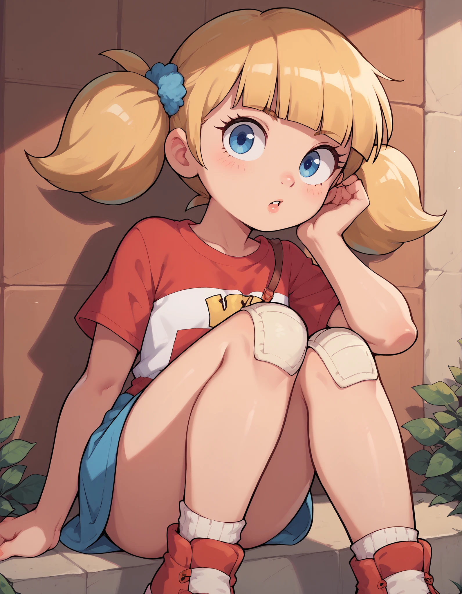 Summer dress looking over shoulderscore_9, score_8_up, score_7_up, penny_ig, blonde hair, twintails, blue eyes, red shirt, stripe, knee patch, dim lighting factory
