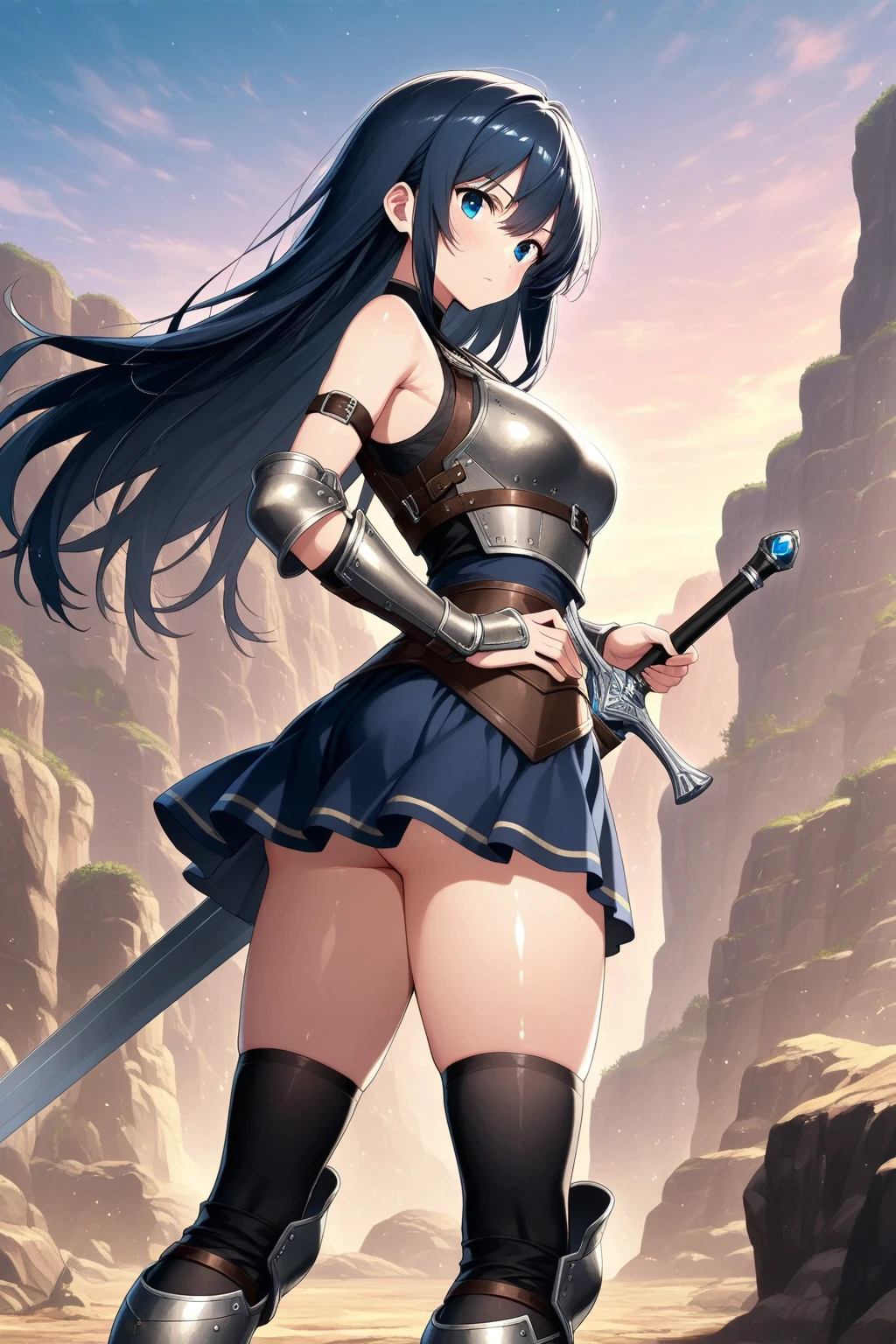 Female knight with a long sword and a large shield、17 years old、beautiful girl、Navel exposed、whole body