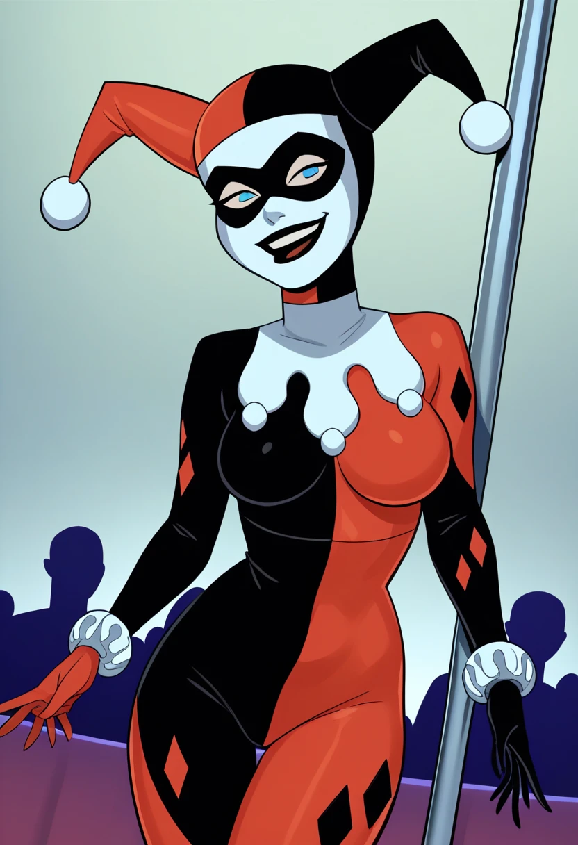 masterpiece, best quality, 1girl, hq1992, solo, bodysuit, domino mask, gloves, hat, jester cap, mask, open mouth, parody, red bodysuit, red gloves, smile, solo <lora:HQ1992:1>