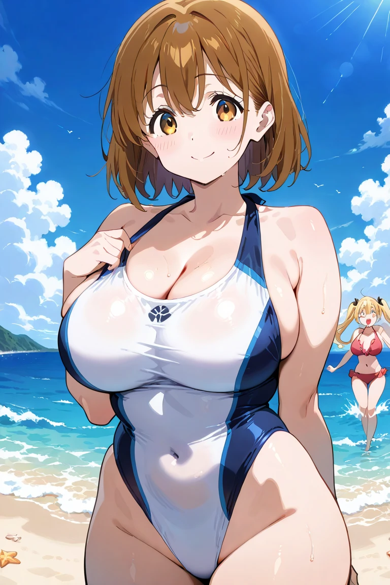 Highest quality、Big Breasts、Dog ears、White Bikini、Brown eyes、short hair、smile、plump thighs、Ocean