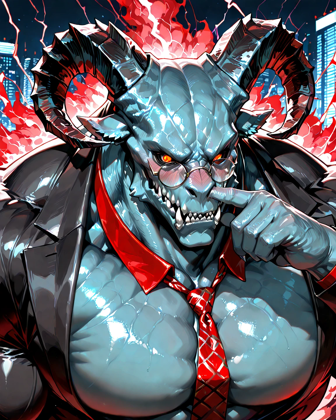 A majestic Japanese male business executive with the overwhelming aura and presence of a Demon Lord, wearing a sharp, luxurious formal suit made from shimmering, high-gloss fabric. Round brass-frame glasses, silk tie, intimidating face with sharp eyes, muscular physique (bulging neck and chest, massive shoulders, sharp jawline). Subtle demonic features: glowing deep-red lightning-like eyes, metallic blue skin peeking under collar, massive bull-like horns, faint fangs, surrounded by a terrifying unnatural aura. He is picking his nose and blushing deeply in embarrassment. Hyper-realistic style, chest-up, focus on face, nose, finger. Blurred office city background.
