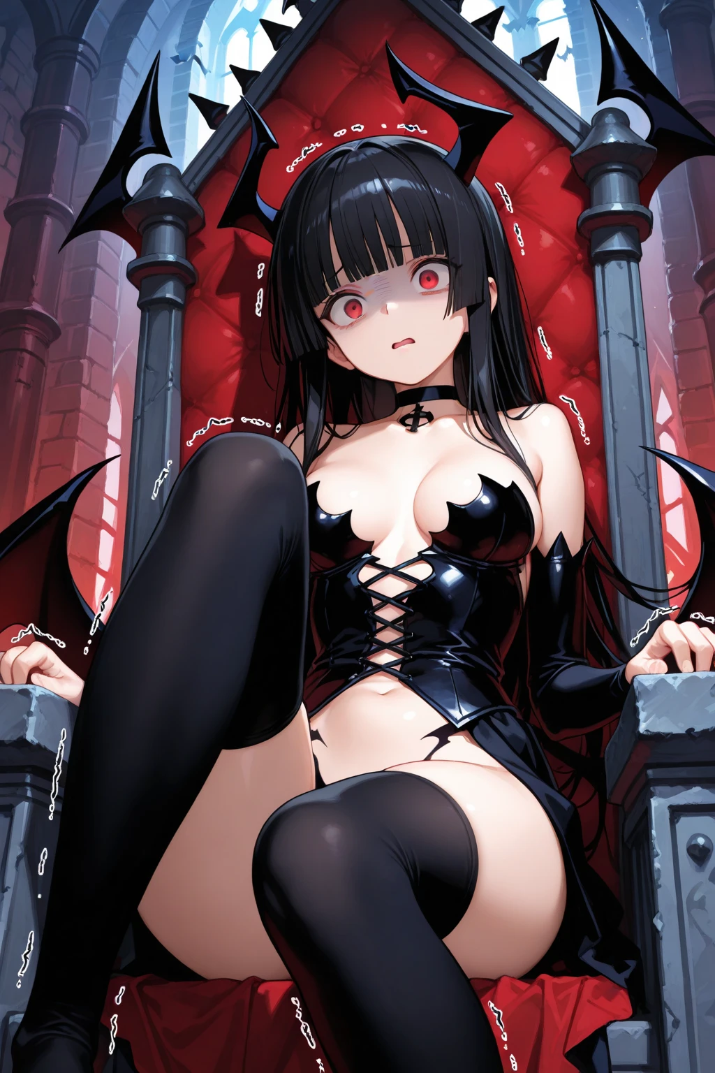 Black hair，red color eyes，super gigantic breasts，Incredibly huge breasts，Breasts that are too large to support，Nipple presentation，sit on a bed（Split legs），Black bikini，There are succubus horns on the head，blacksilk，high-heels，Flushed complexion，full of sweat，A large amount of fluid flows out of the panties，Soaked，Black panties exposed，The panties were soaked，Royal Sister