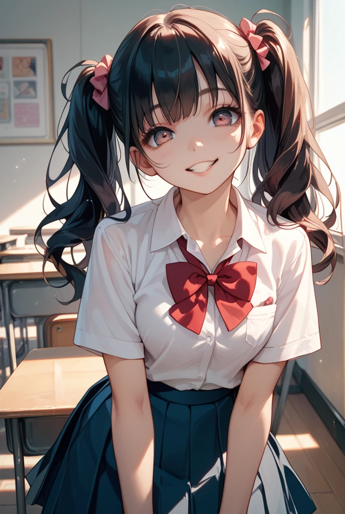 ((Highest quality, High resolution, masterpiece, detailed)),
Cowboy Shot, Written boundary depth, View your audience, Anatomically correct, １people々, woman, Perfect Face, Cute and symmetrical face, Shiny skin,
(Medium Hair, Black Hair), Chestnut brown eyes, Long eyelashes, (Large Breasts:0.8),
Beautiful details, Beautiful Hair, Beautiful Face, Beautiful clavicle, Beautiful body, Beautiful breasts, Beautiful thighs, Beautiful feet,
(Collared shirt, Navy blue short pleated skirt, Red bow tie, necklace, panties),
(Beautiful views), evening, walk, Tree-lined street, (Wink),