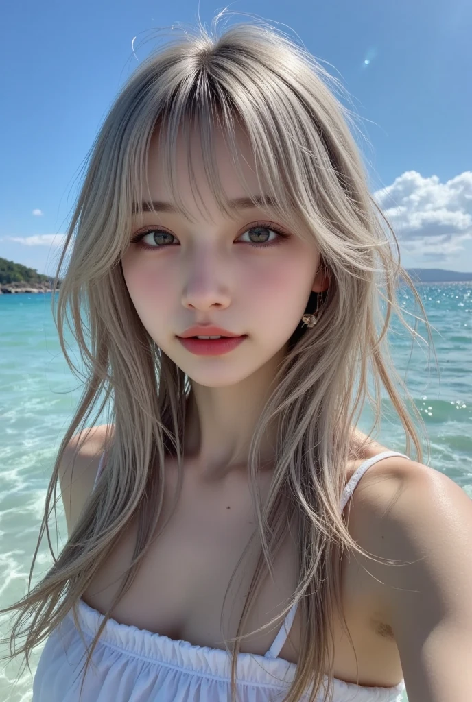 Beautiful and handsome men and women,Age 20,white skin,Natural hair color,very big breasts,naked,not wearing clothes,Having sex,Make a gesture of inserting the penis into the open vagina.,Sit with legs open,Looking at the camera, Blue Beach, under the coconut tree, sky, gray hair, golden straight hair, ((cute:1.1)), ((Masterpiece:1.1)), ใบหน้าcuteง่วงนอน ,Face reaches emotional climax,full body