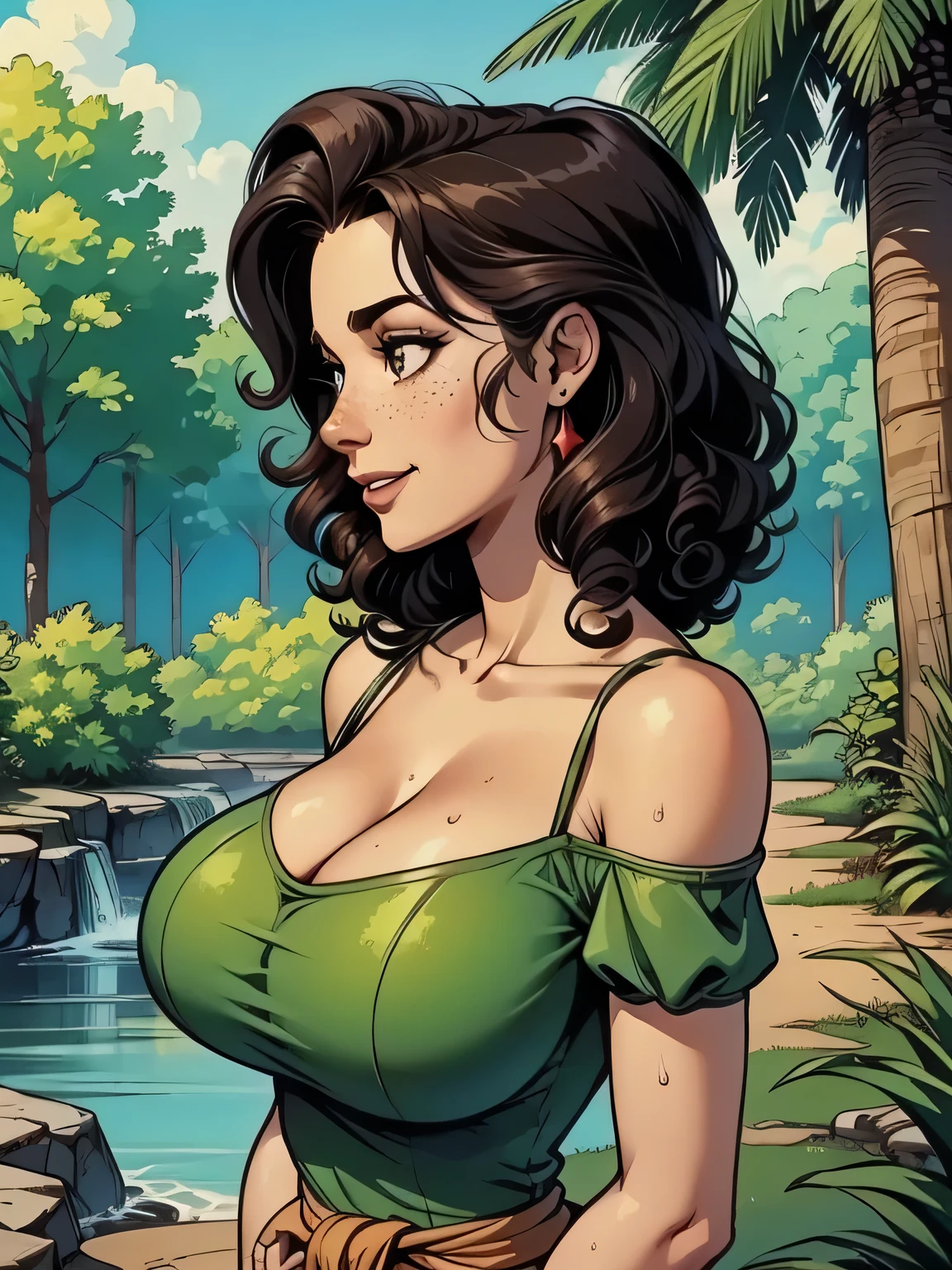 Gorgeous and sultry busty athletic (thin) brunette with sharp facial features and a (large nose) and (huge boobs) wearing a pale yellow sundress, skindentation, cleavage, park