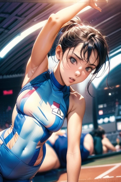 Best Quality, masutepiece,  High resolution, (Photorealistic:1.4), Raw photo, 1 beautiful girl ,Dynamic Angle,Women's wrestling athlete,small head,Large breasts,trained abs, nice legs,Glowing skin, Sweat,At the wrestling venue,(Detailed beautiful face:1.4),detailed skins,Detailed eyes,detailed hairs,