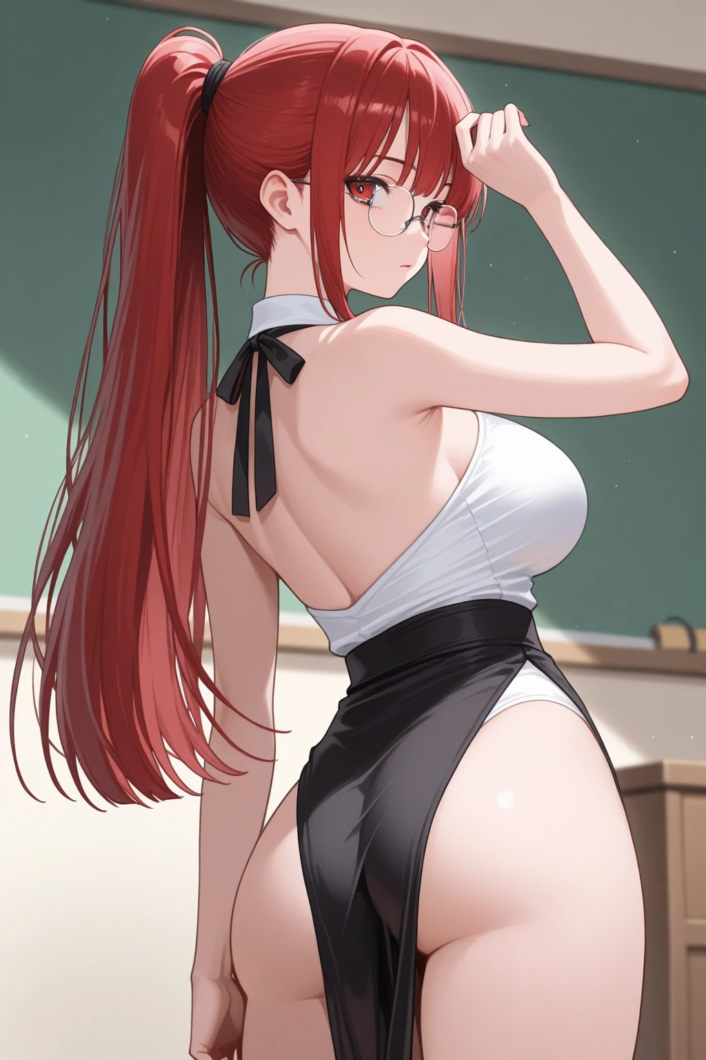 (((masterpiece))),best quality, hyper detailed,(detailed background),(detailed eyes), Smile, intricate_detail, highres, official art, finely detailed beautiful eyes, high resolution illustration, 8k,1girl, dynamic pose, dynamic angle, intricate details,light particles,reflective hair, looking at you,textured hair,makima \(chainsaw man\),red hair, long braided hair, golden eyes, bangs, big breasts,(((wearing bra,wearing underwear))), (((standing, office))) , sexy figure , NSFW , (((view from behind, big ass))) , (((hands on table)))