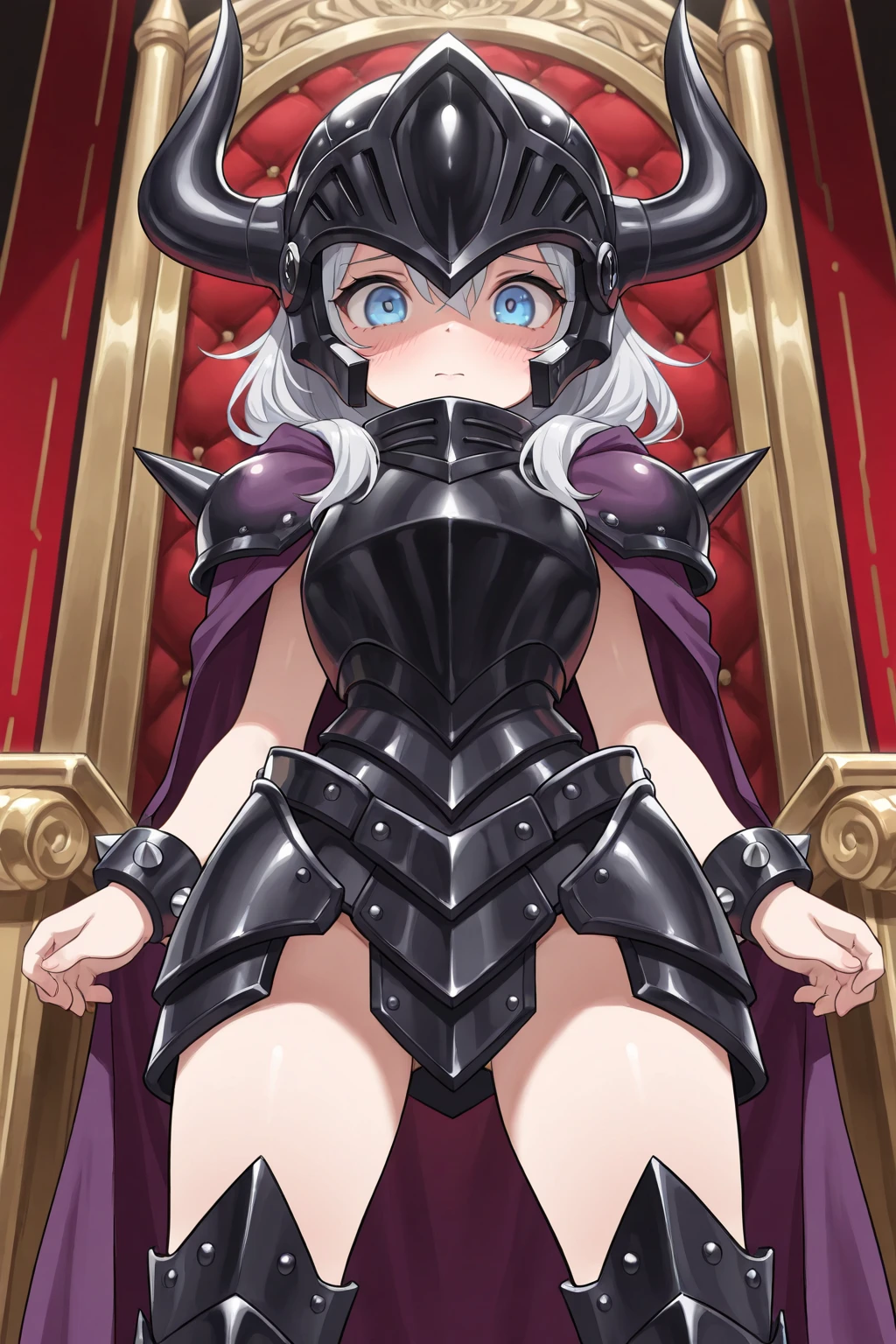 masterpiece, high res, detailed face, detailed eyes, anime screencap, 1 girl, solo, short hair, black hair, greaves, gauntlets, cape, chuuni poose, full body, cowboy shot, indoors, castle, sitting, skull throne, royal throne <lora:Black Knight Bikini Warriors:1>